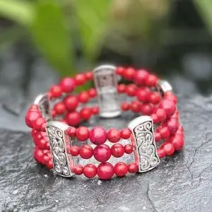 Kralen armband set Tibitaans zilver, ovaal, rood 4,6 en 8mm