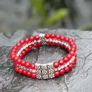 Kralen armband set, Tibitaans zilver, rood/zilver, flower, 6mm