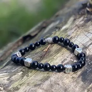 Kralen armband, Black Onyx Agaat met DQ metalen vierkantjes