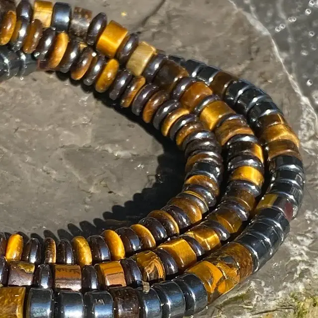 Armband 3-delig met platte Heishi kralen 6mm Tijgeroog en Hematiet