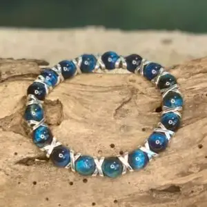 Armbanden Cross Tijgeroog Turquoise 10 mm met edelstaal spacers MB-16