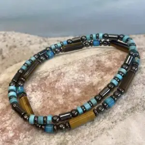 Armbandset heishi kralen 4mm blauw/tijgeroog bruin met hematiet