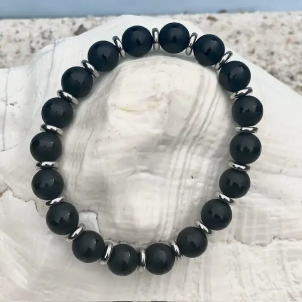 Armband Black Onyx mat met stripe 10mm met JaXX spacers Edelstaal