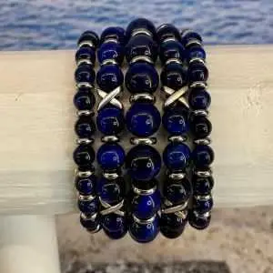 Armbanden set a 5 Cross/JaXX Sensation 6,8 en 10 mm met Edelstaal tijgeroog blue