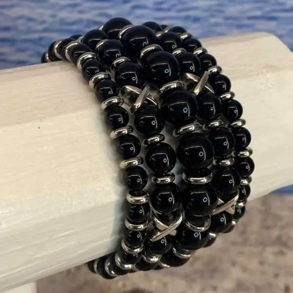 Armbanden set a 5 Cross/JaXX Sensation 6,8 en 10 mm met Edelstaal black onyx