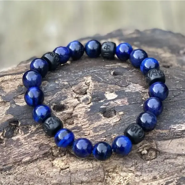 Kralen armband Tijgeroog 10 mm blauw met Boeddhistische houten Jujube kralen