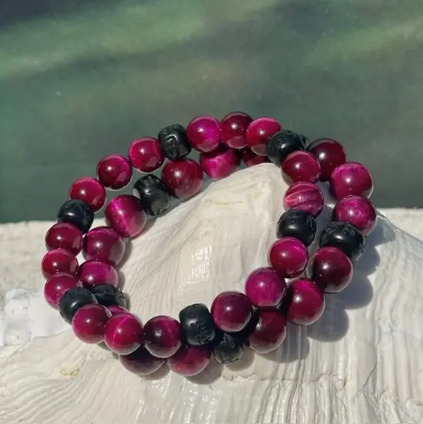 Kralen armband Tijgeroog 8/10 mm Roze met Boeddhistische houten Jujube kralen