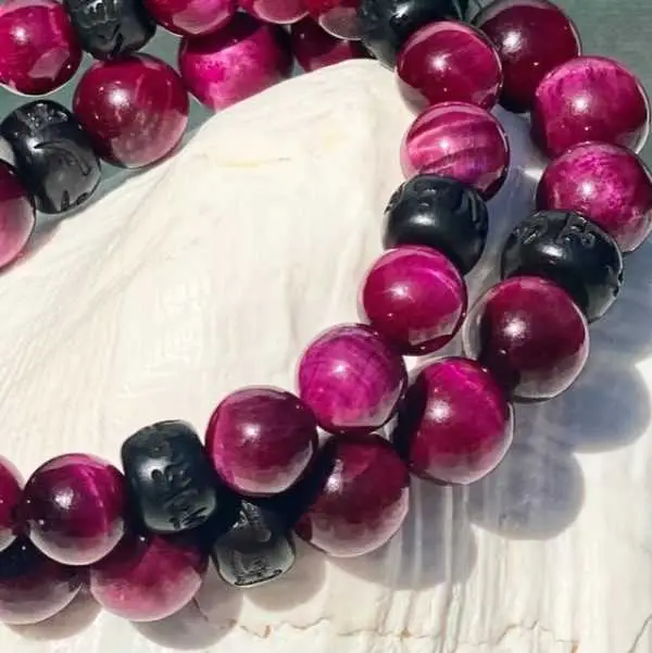 Kralen armband Tijgeroog 8/10 mm Roze met Boeddhistische houten Jujube kralen