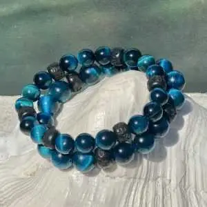 Kralen armband Tijgeroog 8/10 mm Turquoise met Boeddhistische houten Jujube kralen