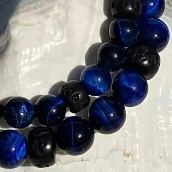 Kralen armband Tijgeroog blauw 12 mm met Boeddhistische houten Jujube kralen