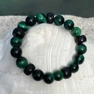 Kralen armband Tijgeroog groen 12 mm met Boeddhistische houten Jujube kralen