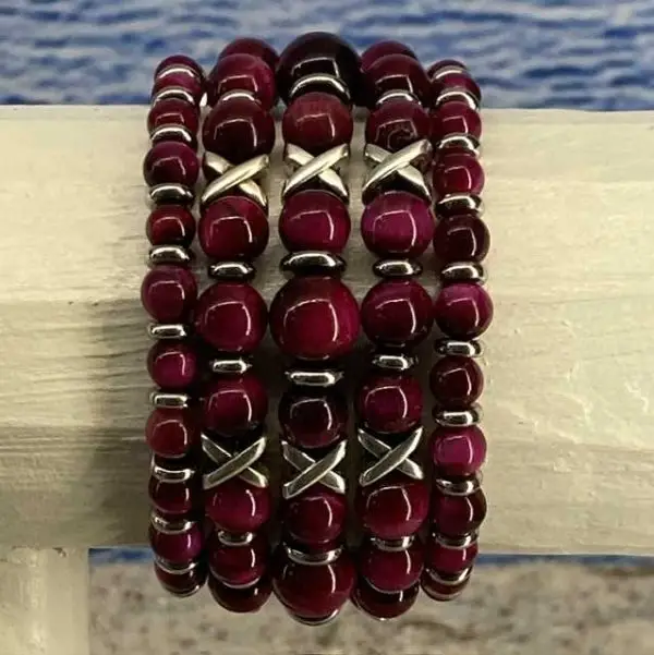 Armbanden set a 5 Cross/JaXX Tijgeroog rood 6, 8,10,8 en 6 mm met Edelstaal