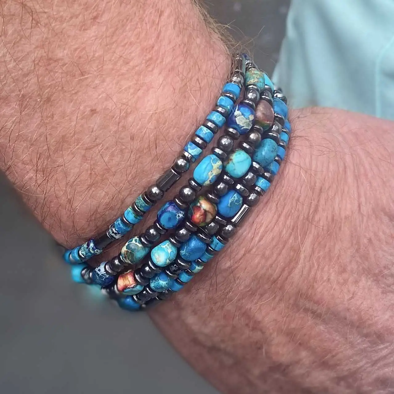 Armbandenset 5-delig keizerlijke kralen Agaath en heishi kralen felblauw