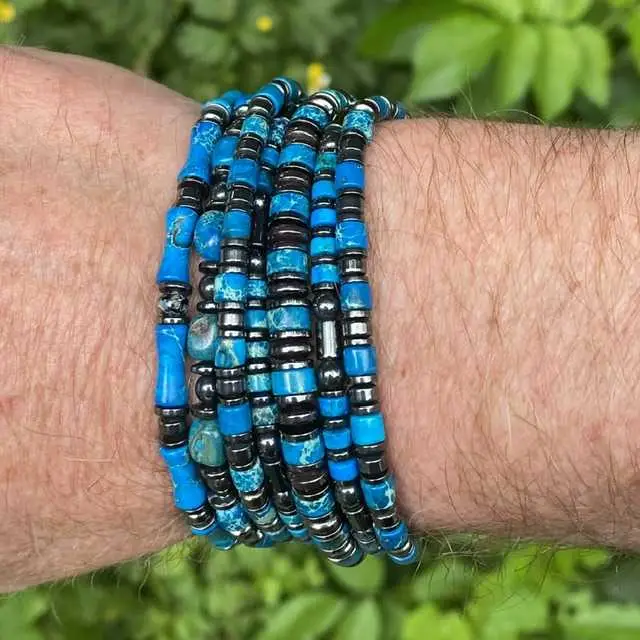 Armbandset 7 delig model Jackson en the Beads of Happiness fel blauw en Hematiet