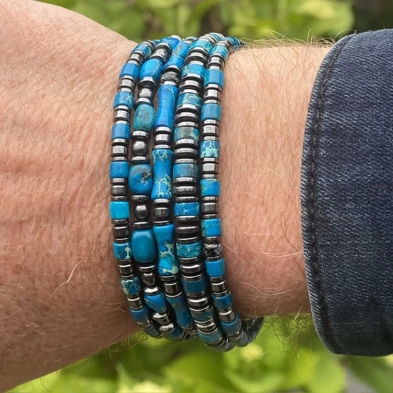 Armbandset Jackson 5-delig met platte Heishi kralen Turquoise 4 en 6 mm en Hematiet