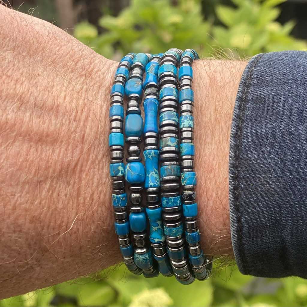 Armbandset Jackson 5-delig met platte Heishi kralen Turquoise 4 en 6 mm en Hematiet