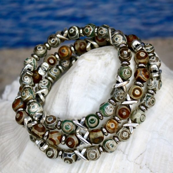 Armbandset 3-delig Vintage Tibetaanse Agaat 8mm Green en Brown eye