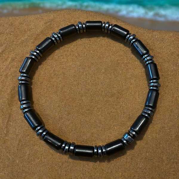 Armband Jackson met platte kralen Black Onyx 6 mm en 6mm cylinders met Hematiet